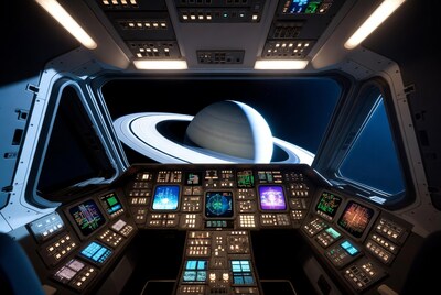 Spaceship cockpit viewing Saturn