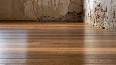 Wooden floor with peeling plaster wall corner