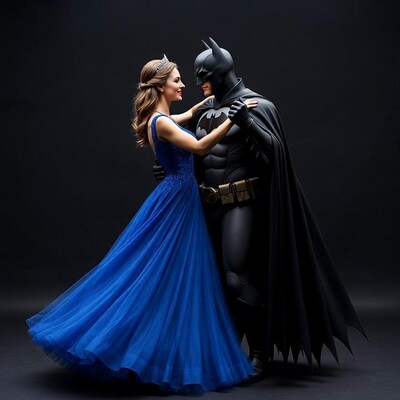 Woman in blue gown dancing with Batman