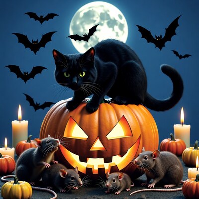 Black Cat on Halloween Jack-o'-lantern with Rats