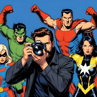 Photographer with Superheroes Posing