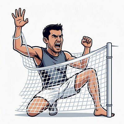 Man breaking through volleyball net