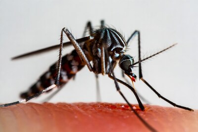 Mosquito biting human finger