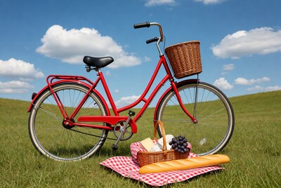 Red Bicycle with Picnic Basket on Grass