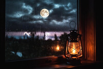 Lantern by rainy window with moon