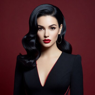 Woman with black wavy hair red lipstick