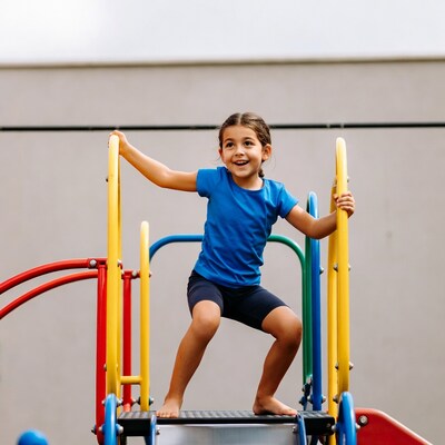 Girl climbing colorful playground equipment