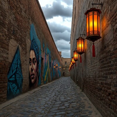 Narrow alley with graffiti and lanterns