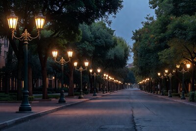 Street Lined with Lit Lampposts and Trees