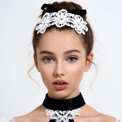 Young woman with lace headband and choker