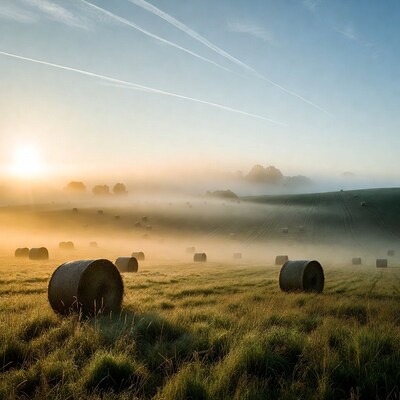Hay bales in foggy sunrise field