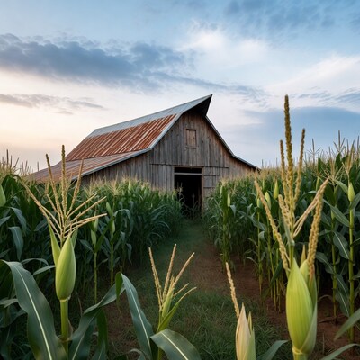 Rusty Barn in Cornfield at Dusk
