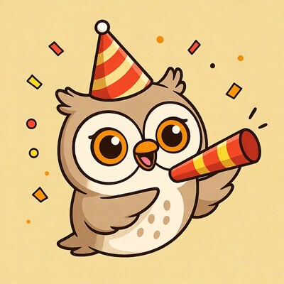 Cute owl in party hat blowing noisemaker