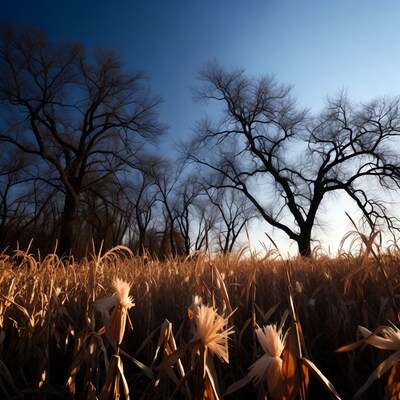 Corn Field with Bare Trees at Sunset