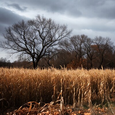 Golden reeds field with bare trees under stormy sky