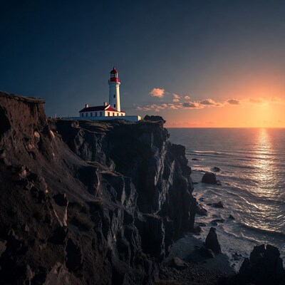 Red Lighthouse on Cliff at Sunset