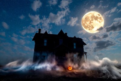 Haunted House with Jack-o'-lantern and Full Moon