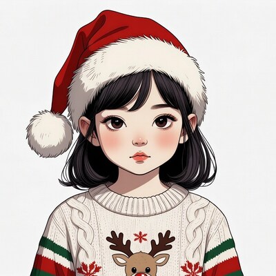 Asian girl in Santa hat and reindeer sweater
