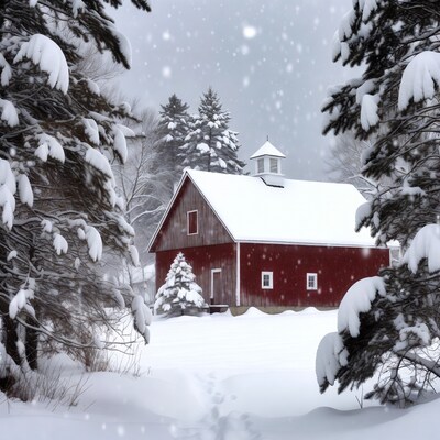 Red Barn in Snowy Woods