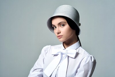 Woman in silver hat and bowtie shirt