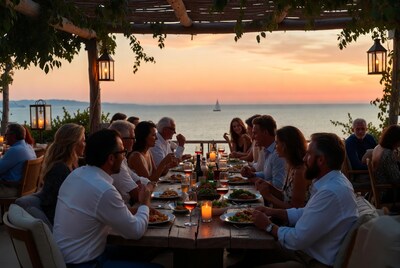 Group dining at sunset seaside table