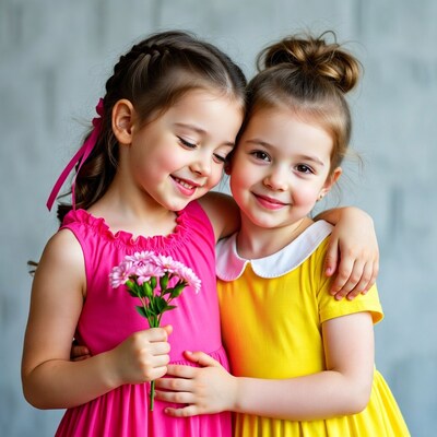 Two girls hugging with pink flowers