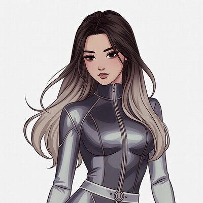 Asian woman in silver catsuit illustration
