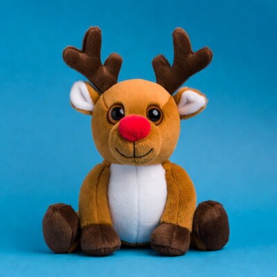 Cute Rudolph Plush Toy on Blue Background