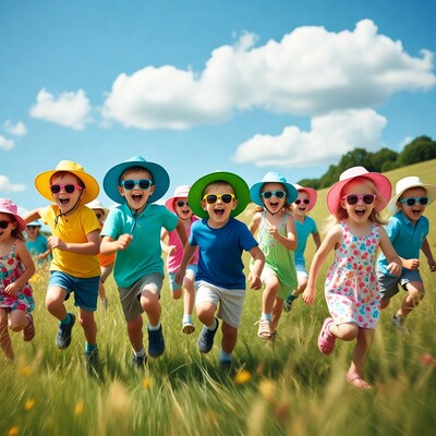 Children running in grass with hats