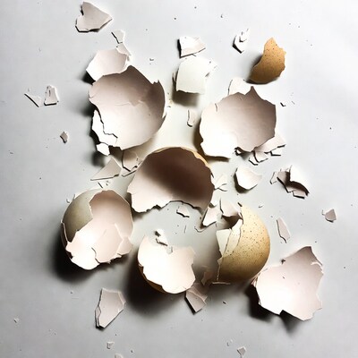 Broken egg shells on white surface