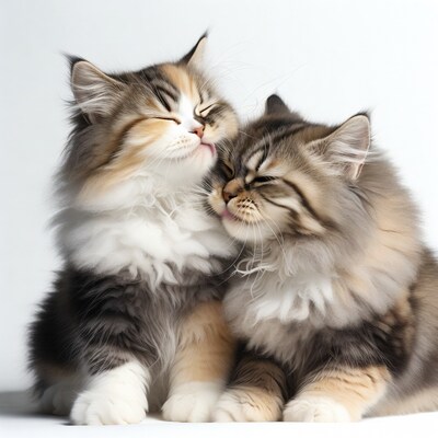 Two fluffy kittens kissing