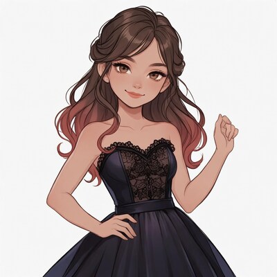 Anime girl in black lace dress