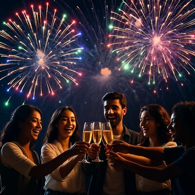 Diverse group toasting champagne under fireworks