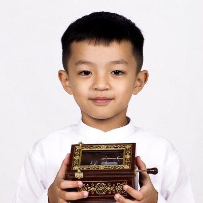 Asian boy holding music box