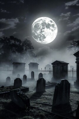 Full Moon Over Foggy Cemetery
