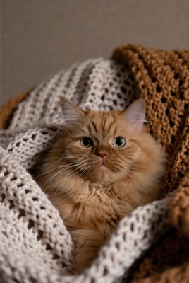 Orange cat in knitted blanket
