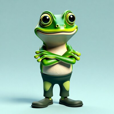 Cartoon green frog with arms crossed