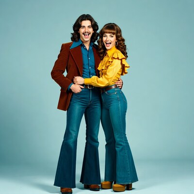 70s couple in flared jeans smiling
