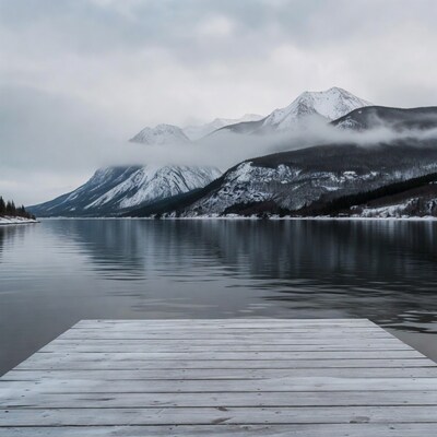 Snowy Mountains Lake Wooden Dock