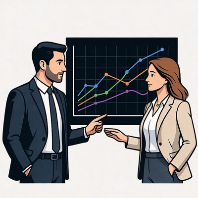 Businessman and woman discussing charts