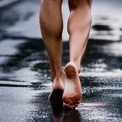 Woman's bare feet walking on wet pavement