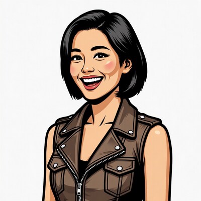 Smiling Asian woman in leather vest