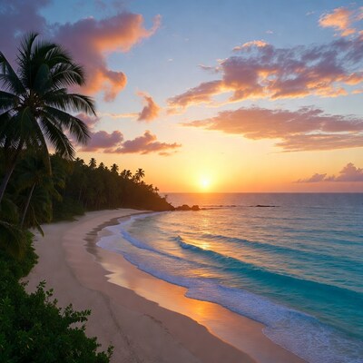 Tropical Beach Sunset with Palm Trees
