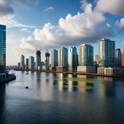 Modern skyscrapers along urban river