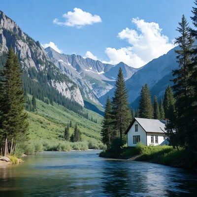 White cabin by river in mountains