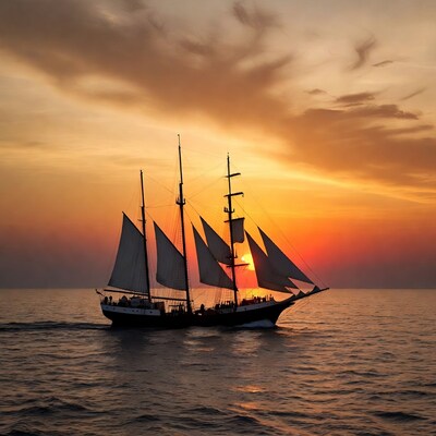 Sailing Ship at Sunset Silhouette