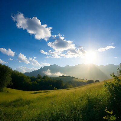 Sunrise over green meadows and mountains