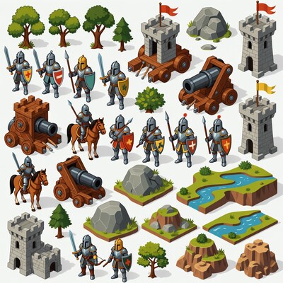 Medieval Knights Castles Isometric Clipart