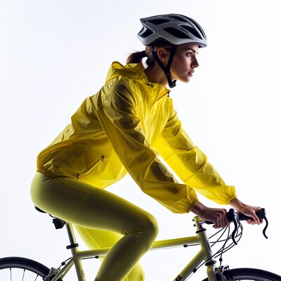 Woman cycling in yellow rain jacket