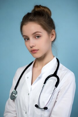Young woman in white doctor's coat